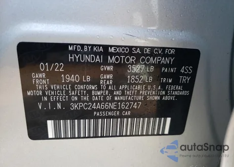 2022 Hyundai Accent Se z USA, uszkodzony, nr VIN 3KPC24A66NE162747